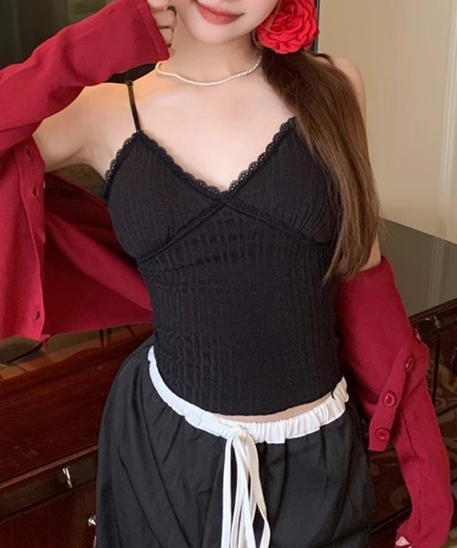 Lace Ladies(レースレディース)の「Vカット ハートネック カップ付き ソフト レース キャミソール(キャミソール・レディース・パープル/グリーン/ピンク/ホワイト/アイボリー/ブラック/ブルー・FREE)」の11枚目の写真