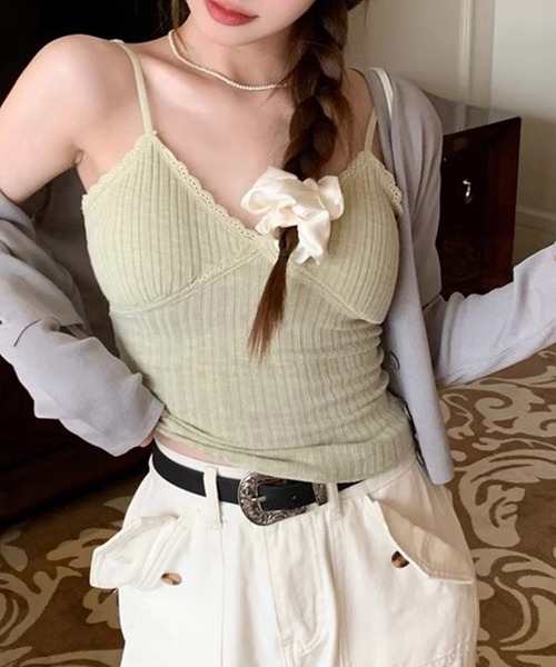 Lace Ladies(レースレディース)の「Vカット ハートネック カップ付き ソフト レース キャミソール(キャミソール・レディース・パープル/グリーン/ピンク/ホワイト/アイボリー/ブラック/ブルー・FREE)」の15枚目の写真