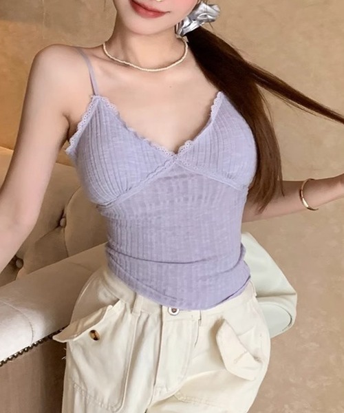 Lace Ladies(レースレディース)の「Vカット ハートネック カップ付き ソフト レース キャミソール(キャミソール・レディース・パープル/グリーン/ピンク/ホワイト/アイボリー/ブラック/ブルー・FREE)」の22枚目の写真