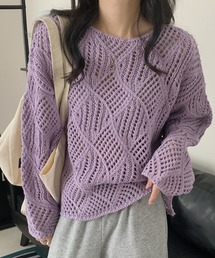 透かし編みニット」に該当するパープル/紫色系のファッション