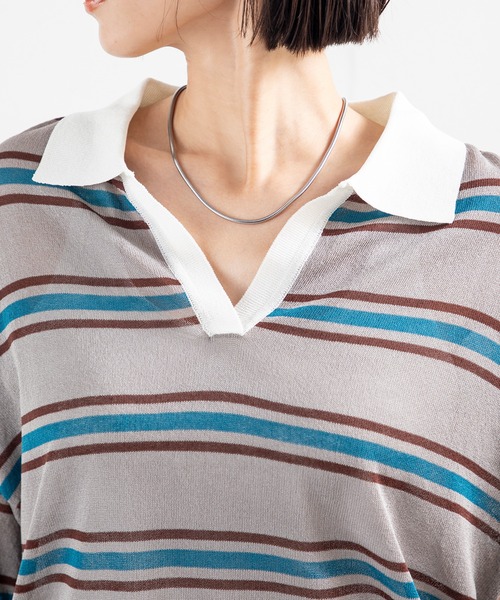 MILLION CARATS(ミリオンカラッツ)の「配色衿とボーダーで視線を引く、大人の余裕を感じるボーダーニットポロトップス(ポロシャツ・レディース・グレー/ブラウン・FREE)」の8枚目の写真