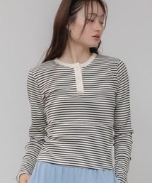 HEILIS | ボーダー柄ヘンリーカットソー / 秋服 冬服 春服 長袖 ロンT インナー シティガール ガーリー ノームコア 韓国(Tシャツ/カットソー)