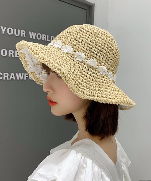 pur chouchou/フラワー レース 刺繍 ペーパーハット 麦わら帽子