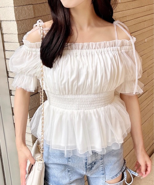 INGNI(イング)の「肩リボンチュールオフショルブラウス(シャツ/ブラウス・レディース・オフホワイト/ピンク/ネイビー/グレー・M)」の10枚目の写真