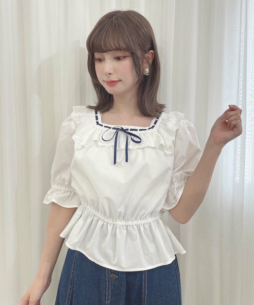 F i.n.t（フィント）の「コットンレース使いはしごリボンブラウス（シャツ/ブラウス・レディース・オフホワイト/ブルーグレー/ブラック・FREE）」の2枚目の写真