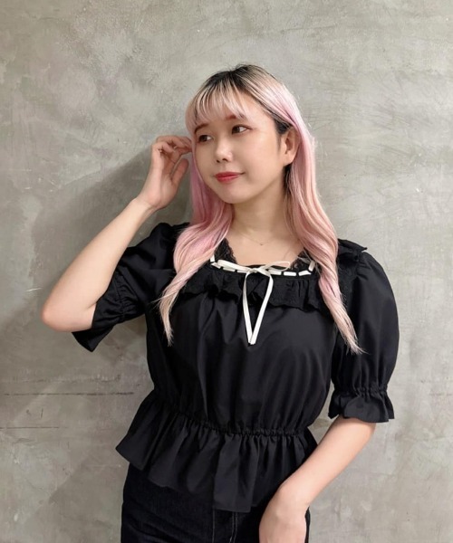 F i.n.t（フィント）の「コットンレース使いはしごリボンブラウス（シャツ/ブラウス・レディース・オフホワイト/ブルーグレー/ブラック・FREE）」の3枚目の写真