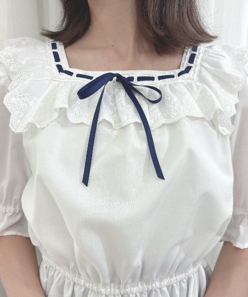 F i.n.t（フィント）の「コットンレース使いはしごリボンブラウス（シャツ/ブラウス・レディース・オフホワイト/ブルーグレー/ブラック・FREE）」の10枚目の写真