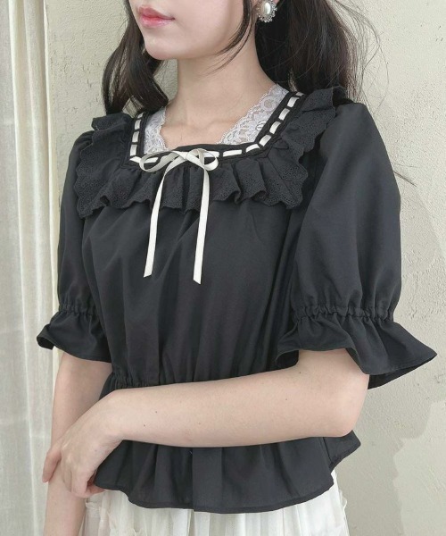 F i.n.t（フィント）の「コットンレース使いはしごリボンブラウス（シャツ/ブラウス・レディース・オフホワイト/ブルーグレー/ブラック・FREE）」の4枚目の写真