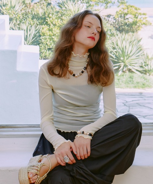 manana suerte（マニャーナスエルテ）の「シアーハイネックトップス（Tシャツ/カットソー・レディース・グリーン/ピンク/ブラック/アイボリー/ボルドー/イエロー/ターコイズブルー・FREE）」の3枚目の写真