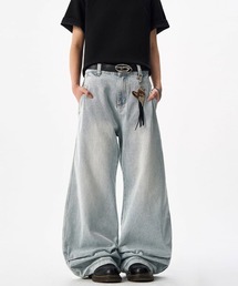 ウォッシュ加工ワイドデニムパンツ