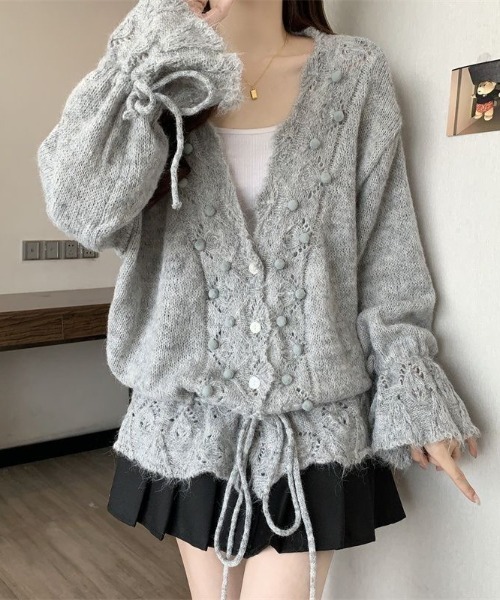 gossip!ロサンゼルス(ゴシップロサンゼルス)の「ドロストアクセント かぎ編みエアリーゆったりカジュアルニットカーディガン(ニット/セーター・レディース・グレー/オフホワイト・M)」の1枚目の写真