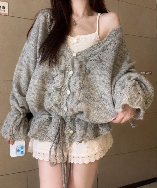 gossip!ロサンゼルス(ゴシップロサンゼルス)の「ドロストアクセント かぎ編みエアリーゆったりカジュアルニットカーディガン(ニット/セーター・レディース・グレー/オフホワイト・M)」の3枚目の写真