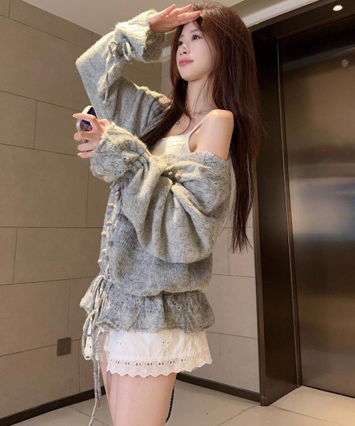 gossip!ロサンゼルス(ゴシップロサンゼルス)の「ドロストアクセント かぎ編みエアリーゆったりカジュアルニットカーディガン(ニット/セーター・レディース・グレー/オフホワイト・M)」の7枚目の写真