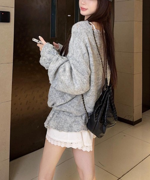 gossip!ロサンゼルス(ゴシップロサンゼルス)の「ドロストアクセント かぎ編みエアリーゆったりカジュアルニットカーディガン(ニット/セーター・レディース・グレー/オフホワイト・M)」の14枚目の写真