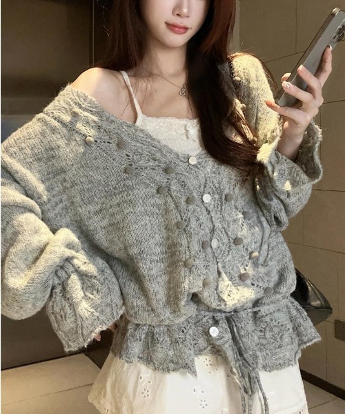 gossip!ロサンゼルス(ゴシップロサンゼルス)の「ドロストアクセント かぎ編みエアリーゆったりカジュアルニットカーディガン(ニット/セーター・レディース・グレー/オフホワイト・M)」の11枚目の写真