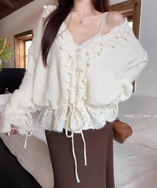 gossip!ロサンゼルス(ゴシップロサンゼルス)の「ドロストアクセント かぎ編みエアリーゆったりカジュアルニットカーディガン(ニット/セーター・レディース・グレー/オフホワイト・M)」の15枚目の写真