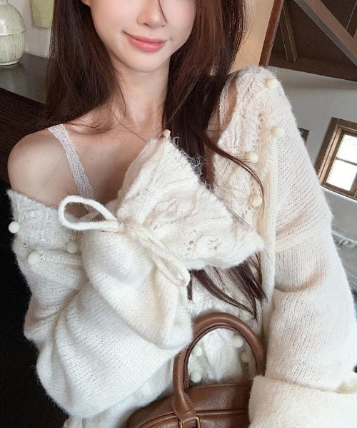 gossip!ロサンゼルス(ゴシップロサンゼルス)の「ドロストアクセント かぎ編みエアリーゆったりカジュアルニットカーディガン(ニット/セーター・レディース・グレー/オフホワイト・M)」の19枚目の写真