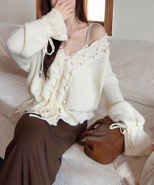 gossip!ロサンゼルス(ゴシップロサンゼルス)の「ドロストアクセント かぎ編みエアリーゆったりカジュアルニットカーディガン(ニット/セーター・レディース・グレー/オフホワイト・M)」の20枚目の写真