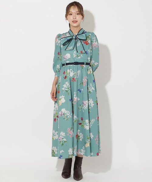 セール】クラシックフラワープリント7分袖ワンピース（ワンピース