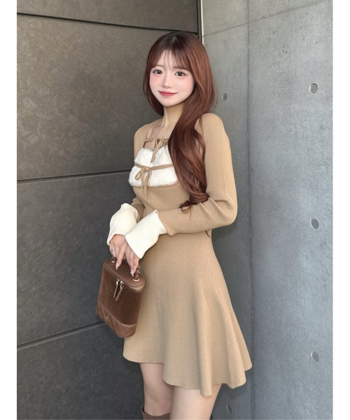 リボンファーフレアニットミニワンピース（ワンピース）｜Darich