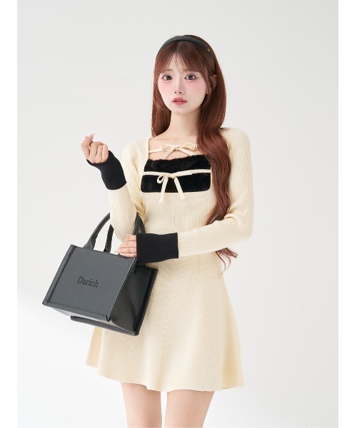 Darich リボンファーフレアニットミニワンピース BLK FL 新品 完売品 ダーリッチ Darich リボンファーフレアニットミニワンピース
