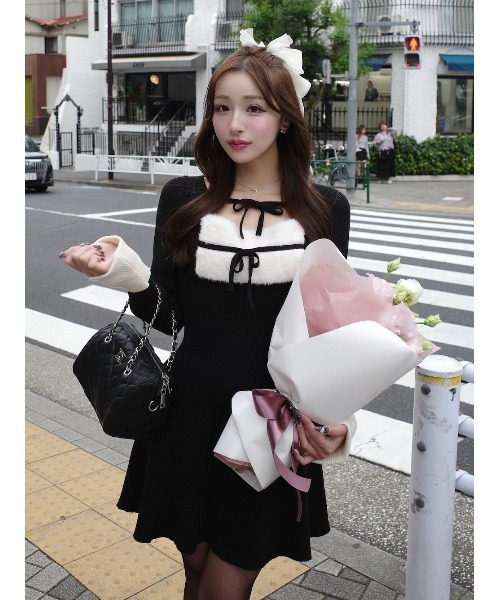 Darich リボンファーフレアニットミニワンピース BLK FL 新品 完売品 ダーリッチ Darich リボンファーフレアニットミニワンピース