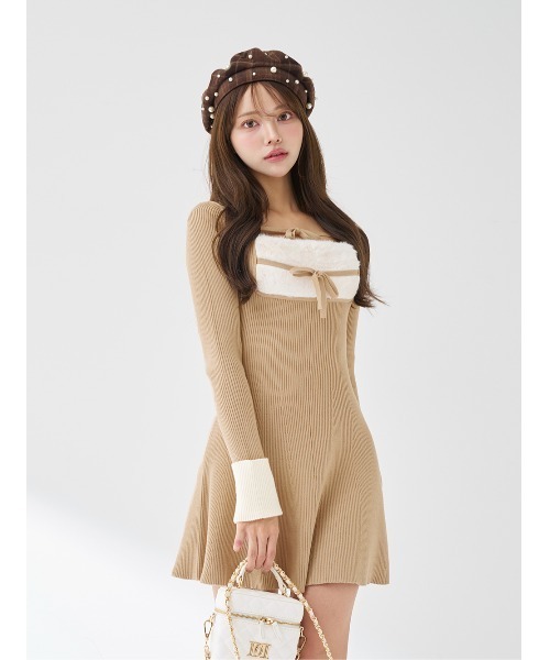リボンファーフレアニットミニワンピース（ワンピース）｜Darich