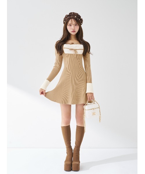 ダーリッチ リボンファーフレアニットミニワンピース リボンファーフレアニットミニワンピース（ワンピース）｜Darich
