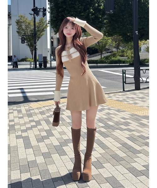 新品Darich ダーリッチ　リボンファーフレアニットミニワンピース リボンファーフレアニットミニワンピース – Darich (ダーリッチ)