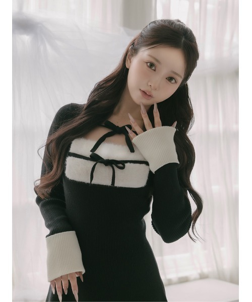 Darich リボンファーフレアニットミニワンピース ダーリッチ Darich リボンファーフレアニットミニワンピース