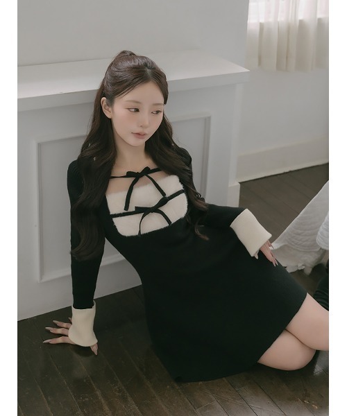 【正規品】【即日発送可能】Darich リボンファーフレアニットミニワンピース リボンファーフレアニットミニワンピース（ワンピース）｜Darich