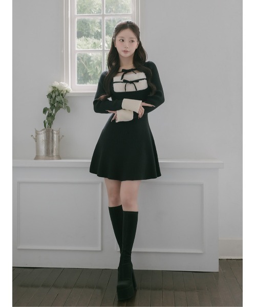 リボンファーフレアニットミニワンピース（ワンピース）｜Darich