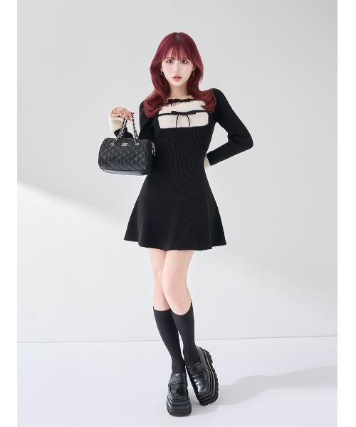 ダーリッチ リボンファーフレアニットミニワンピース ダーリッチ Darich リボンファーフレアニットミニワンピース