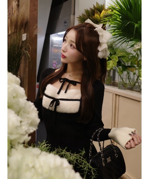 リボンファーフレアニットミニワンピース リボンファーフレアニットミニワンピース（ワンピース）｜Darich