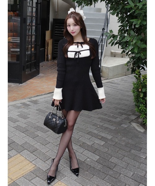 リボンファーフレアニットミニワンピース（ワンピース）｜Darich