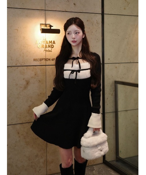 リボンファーフレアニットミニワンピース（ワンピース）｜Darich