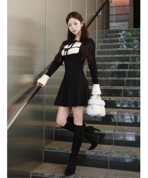 ダーリッチ リボンファーフレアニットミニワンピース リボンファーフレアニットミニワンピース（ワンピース）｜Darich