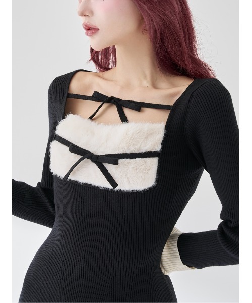 リボンファーフレアニットミニワンピース（ワンピース）｜Darich