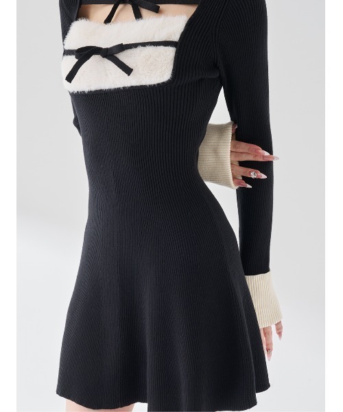 リボンファーフレアニットミニワンピース（ワンピース）｜Darich