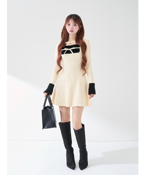 リボンファーフレアニットミニワンピース（ワンピース）｜Darich