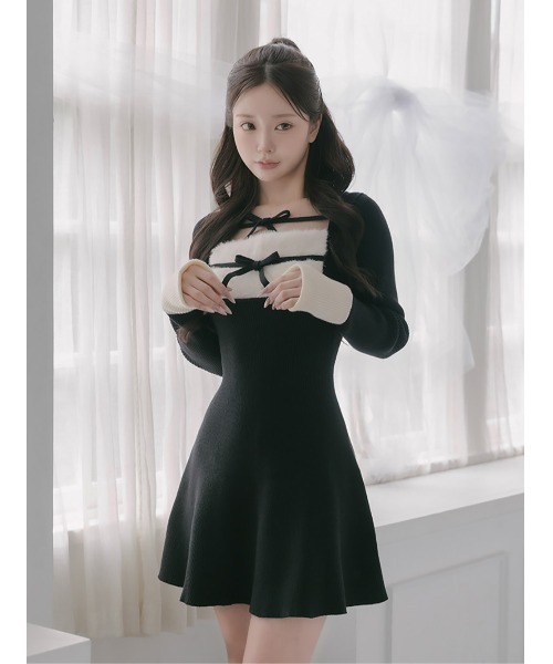 新品Darich ダーリッチ　リボンファーフレアニットミニワンピース リボンファーフレアニットミニワンピース（ワンピース）｜Darich