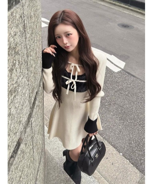 リボンファーフレアニットミニワンピース（ワンピース）｜Darich