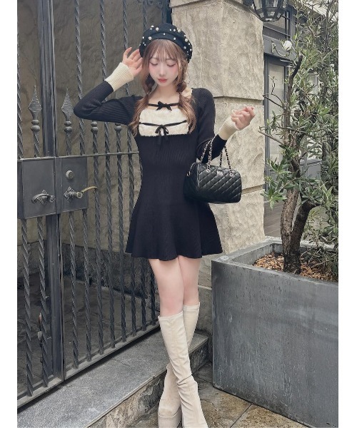 新品Darich ダーリッチ　リボンファーフレアニットミニワンピース リボンファーフレアニットミニワンピース（ワンピース）｜Darich