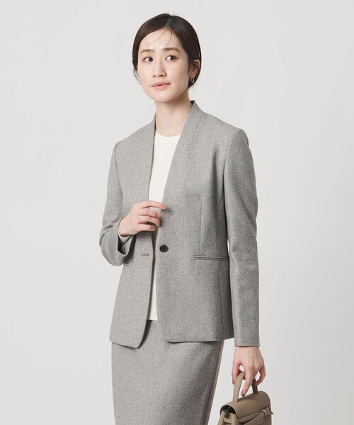 【美品】ユナイテッドアローズ ノーカラー ツイード ジャケット カジュアル 38 ツイードライク ノーカラージャケット（ノーカラージャケット