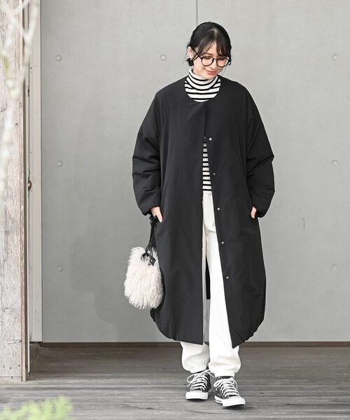 裾バルーンボリューム中綿コート 裾バルーン中綿ノーカラーロングコート（ノーカラーコート）｜rps