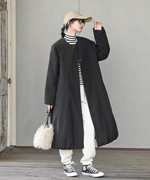 裾バルーン中綿ノーカラーロングコート（ノーカラーコート）｜rps