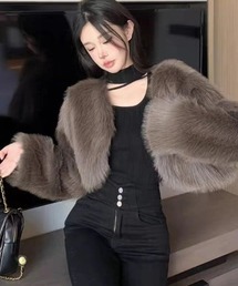 ブラウン ファーコート ショート丈 イミテーション フォックスファーコート ショート丈 フェイク