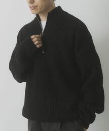 ウール混 ハーフジップ モックネックニット