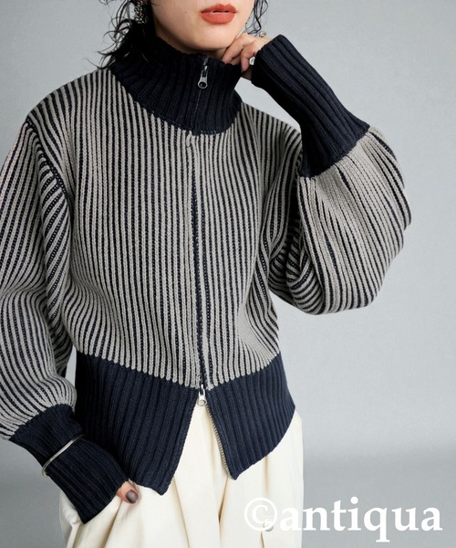 antiqua(アンティカ)の「バイカラージップニット(ニット/セーター・レディース・カーキ/ブラック/ネイビー・ONESIZE)」の3枚目の写真