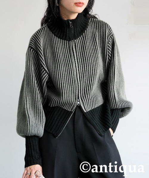 antiqua(アンティカ)の「バイカラージップニット(ニット/セーター・レディース・カーキ/ブラック/ネイビー・ONESIZE)」の1枚目の写真